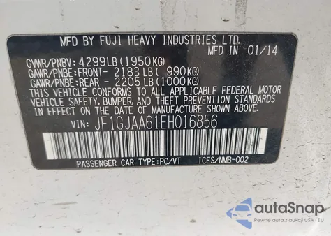2014 Subaru Impreza 2.0I from USA, damaged, VIN JF1GJAA61EH016856
